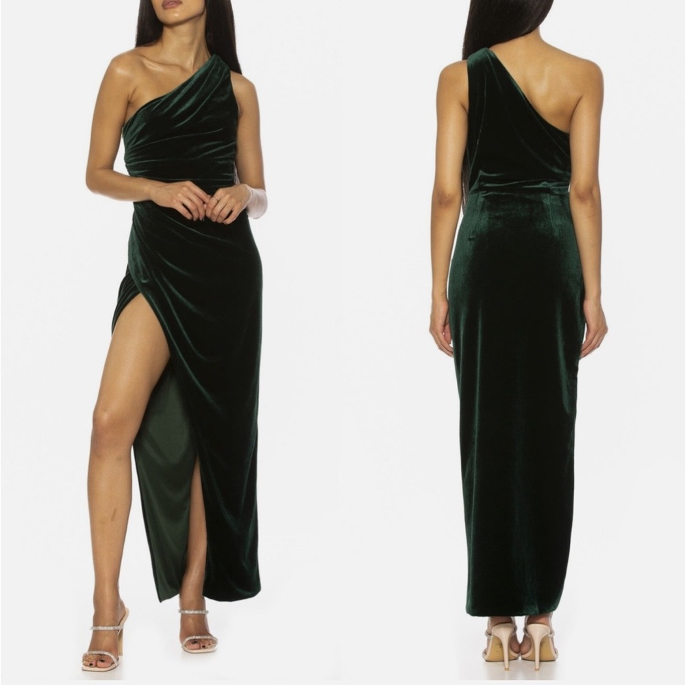 Elegant One-Shoulder Green Velvet Dress